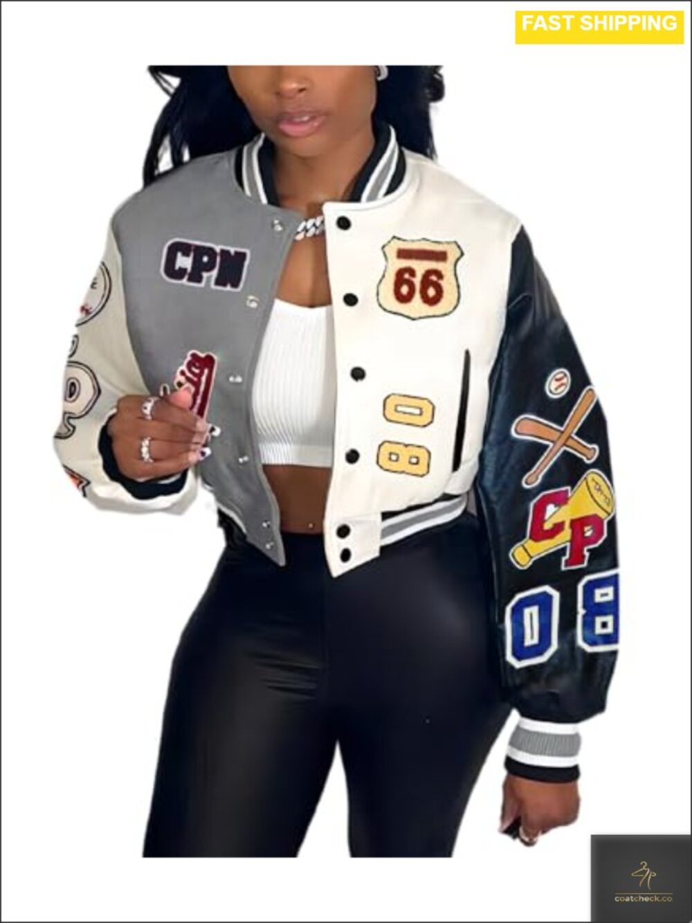 Faux Leather Varsity Jacket with Patches Print Cropped Bomber